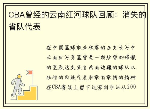 CBA曾经的云南红河球队回顾：消失的省队代表